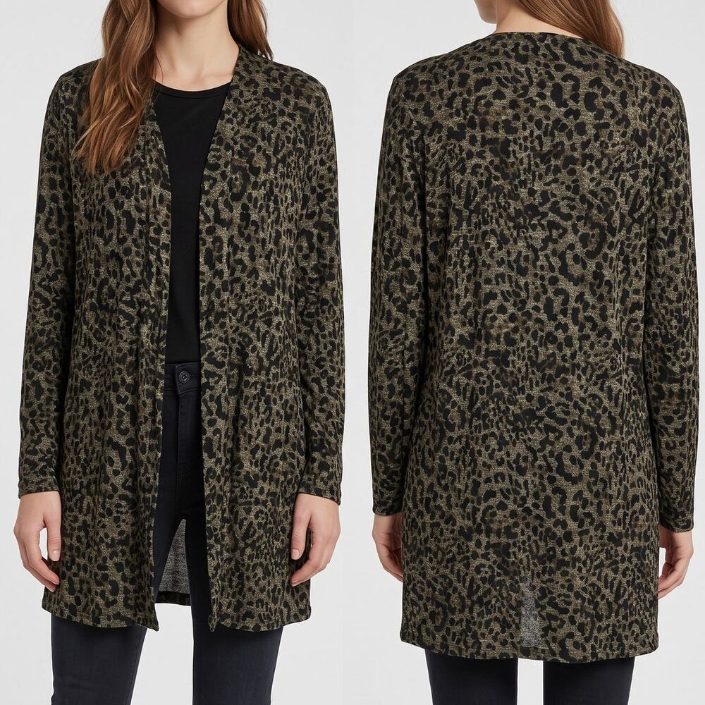Apt. 9 XL Open Front Cardigan Sweater Gray Black Leopard Pattern